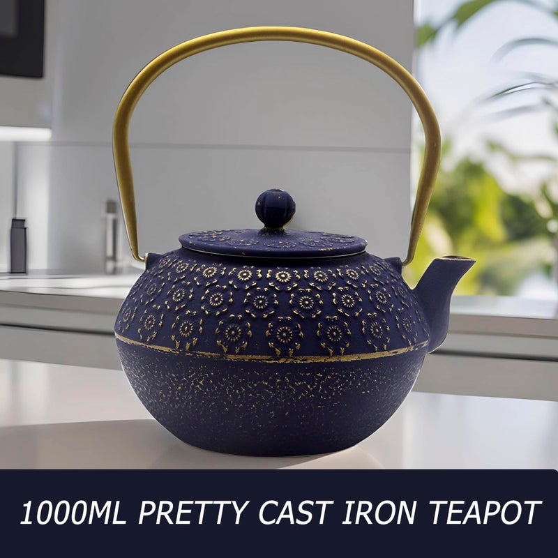 YJX 33.8oz Small Cast Iron Tea Kettle for Stovetop, Japanese Tetsubin Tea Pot Coated with Enameled Interior, Durable Cast Iron Teapot with Stainless Steel Infuser for Loose Tea and Tea Bags(1000ml) - Image 5